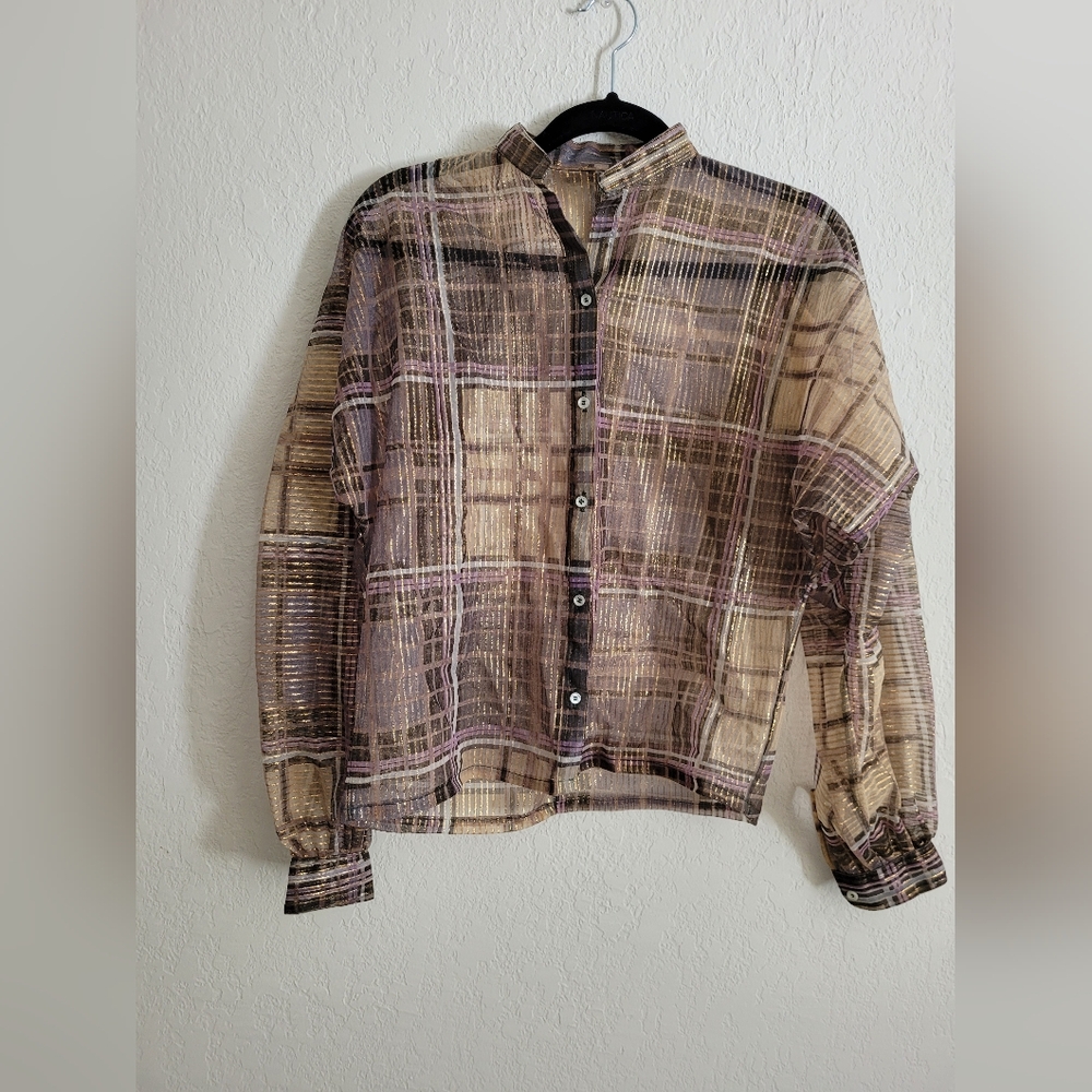 70s Stuart Lang plaid sheer with metallic thread | size s/m
